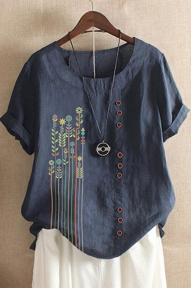 Women’s T-Shirt – Relaxed Fit – Short Sleeve – Round Neck – Floral Print – Breathable Blend