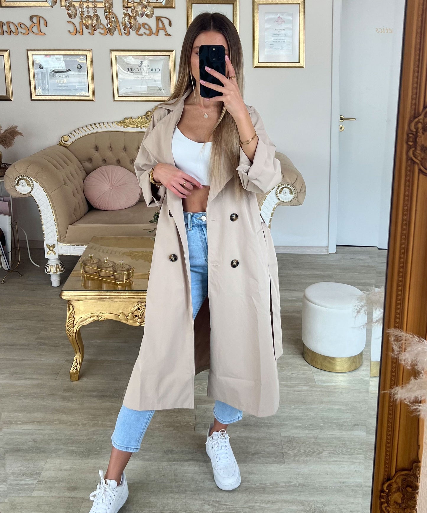 Women's casual belted lapel windbreaker jacket