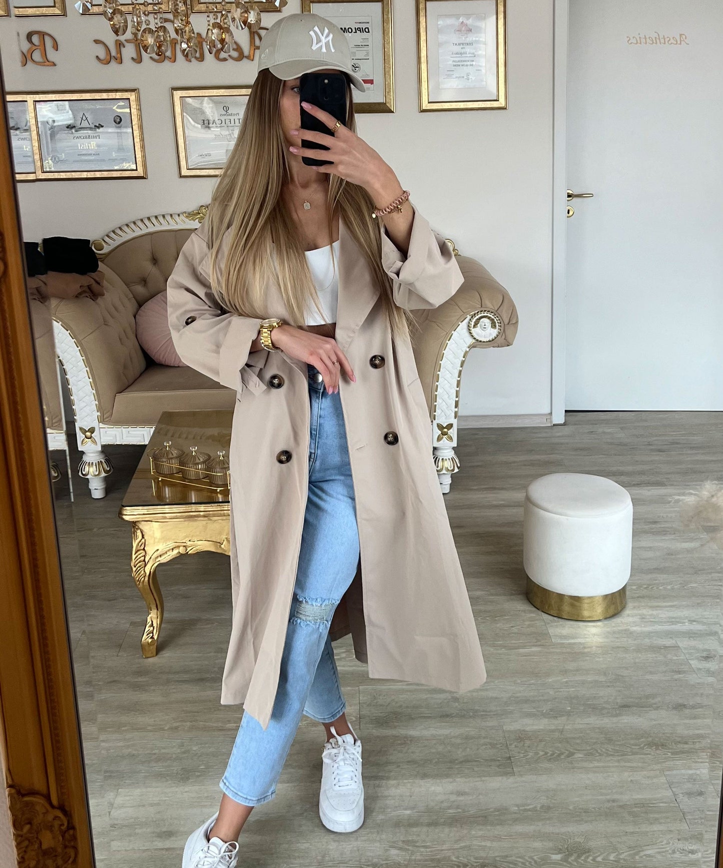 Women's casual belted lapel windbreaker jacket