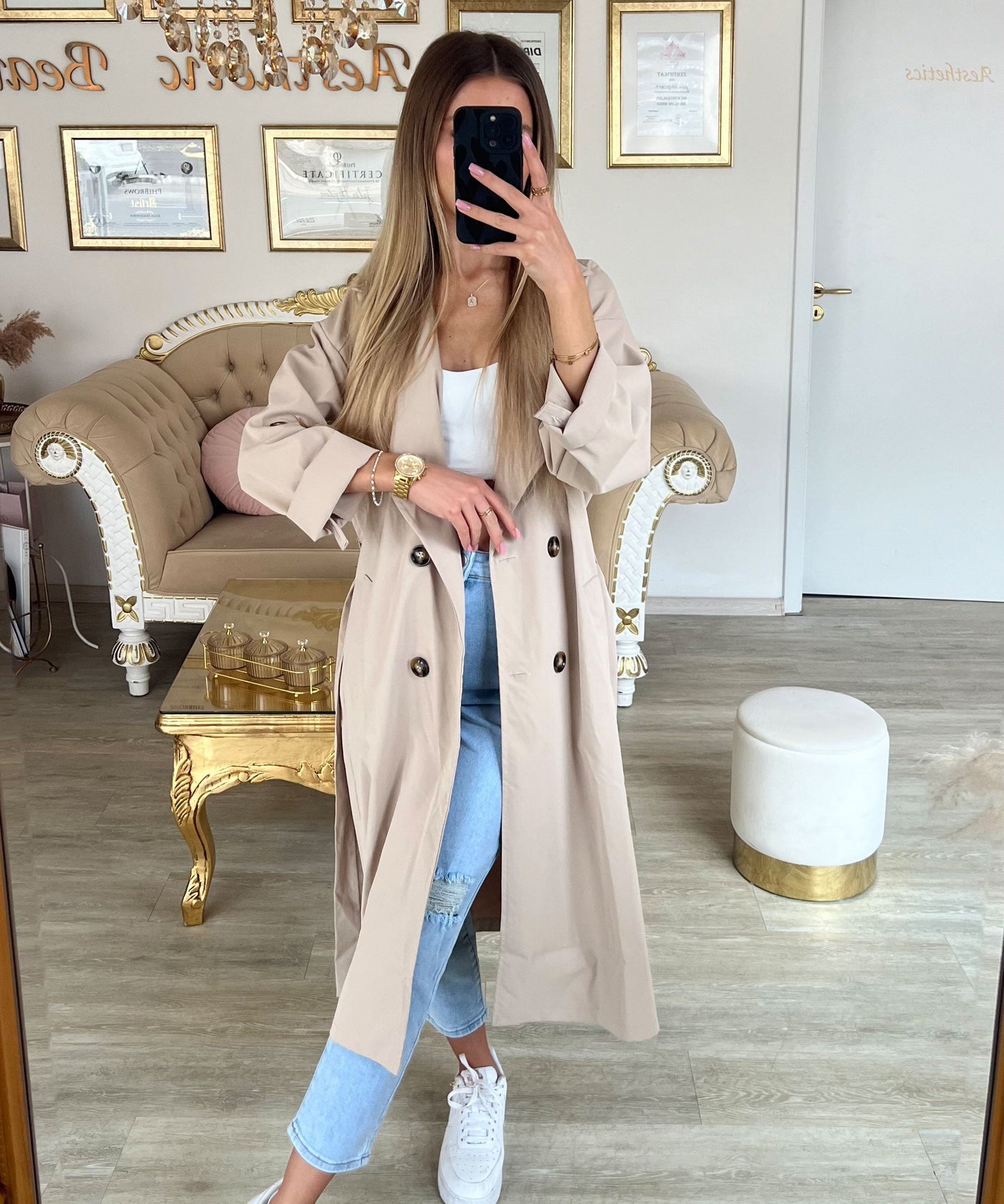 Women's casual belted lapel windbreaker jacket