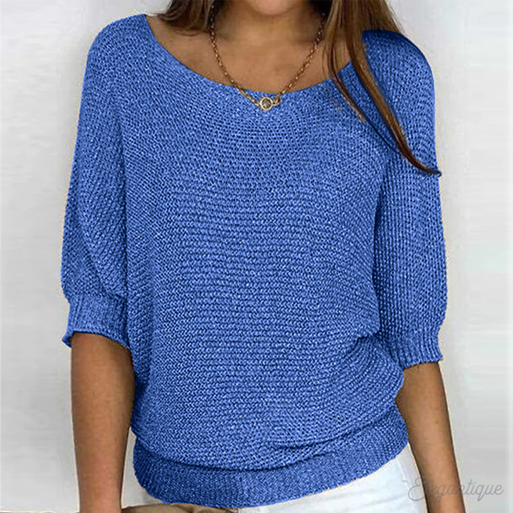 Women's Knit Sweater - Relaxed Fit - Three-Quarter Sleeve - Wide Neckline Casual Wear