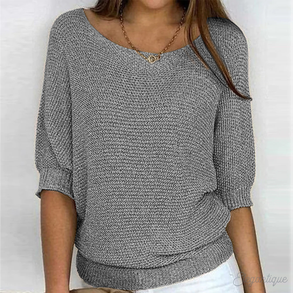 Women's Knit Sweater - Relaxed Fit - Three-Quarter Sleeve - Wide Neckline Casual Wear