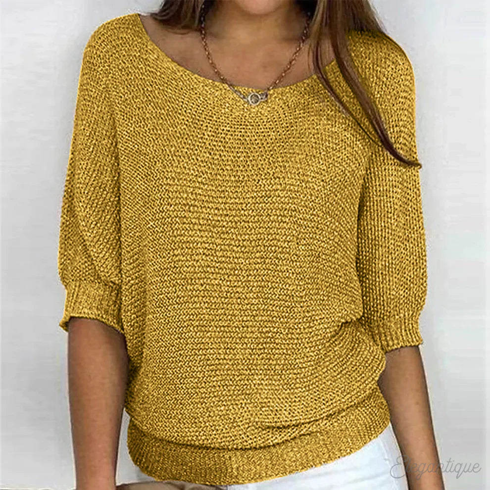 Women's Knit Pullover Sweater - Boat Neck - 3/4 Sleeve - Loose Fit Casual Wear