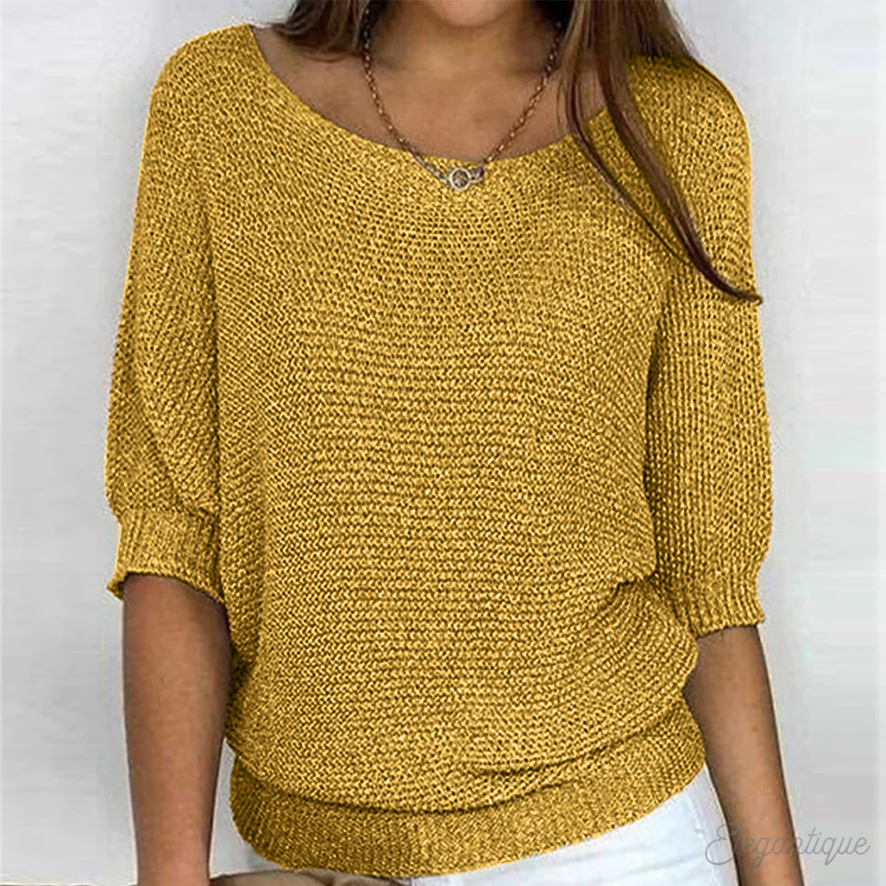 Women's Knit Sweater - Relaxed Fit - Three-Quarter Sleeve - Wide Neckline Casual Wear