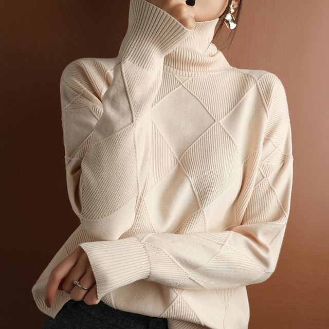 Diamond Pattern Casual Turtleneck Sweater