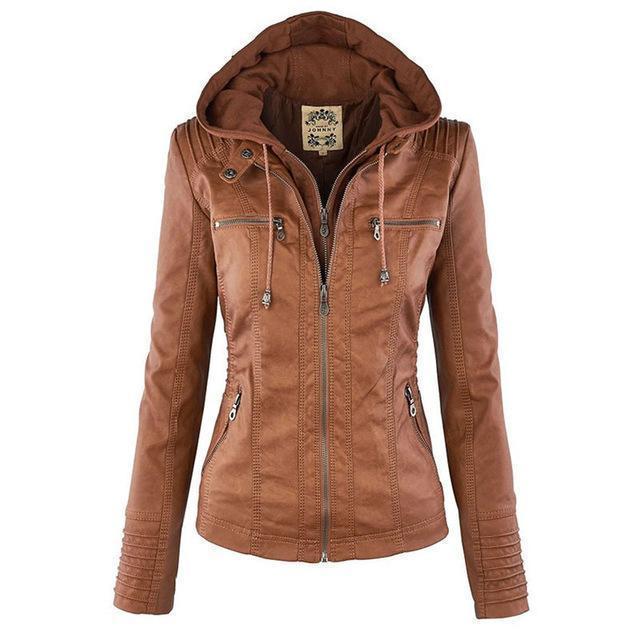 Women's PU Leather biker jacket with hood