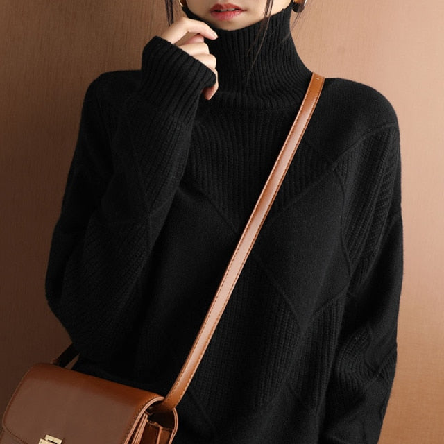 Diamond Pattern Casual Turtleneck Sweater