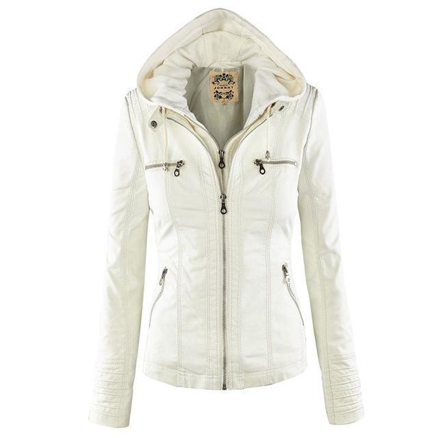 Women's PU Leather biker jacket with hood