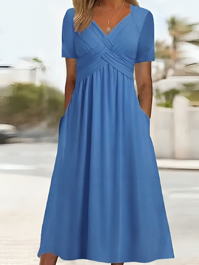 Women's V-Neck Dress - Elegant A-Line - Short Sleeve with Pockets - Flowy Fit