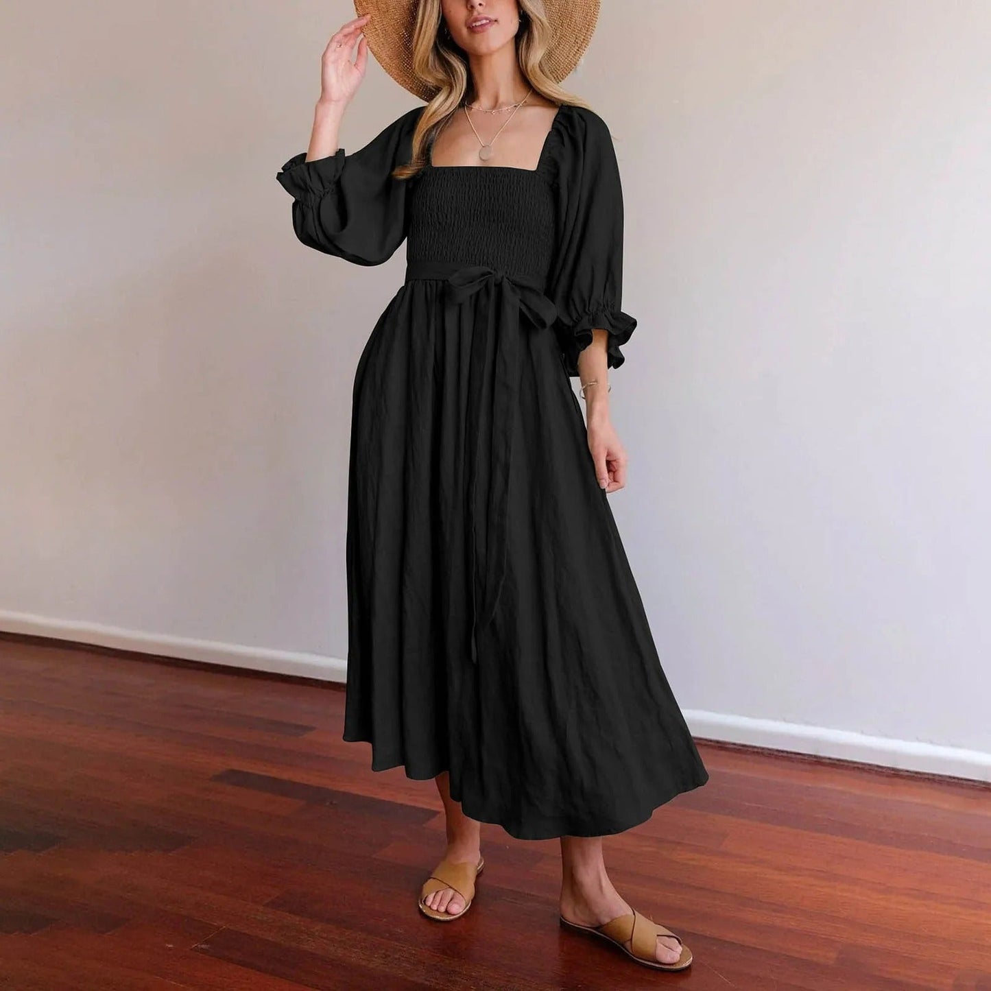 Women's Midi Dress - Twist-Knot Front - Puff Sleeves - Deep V-Neck - Ruched Waist