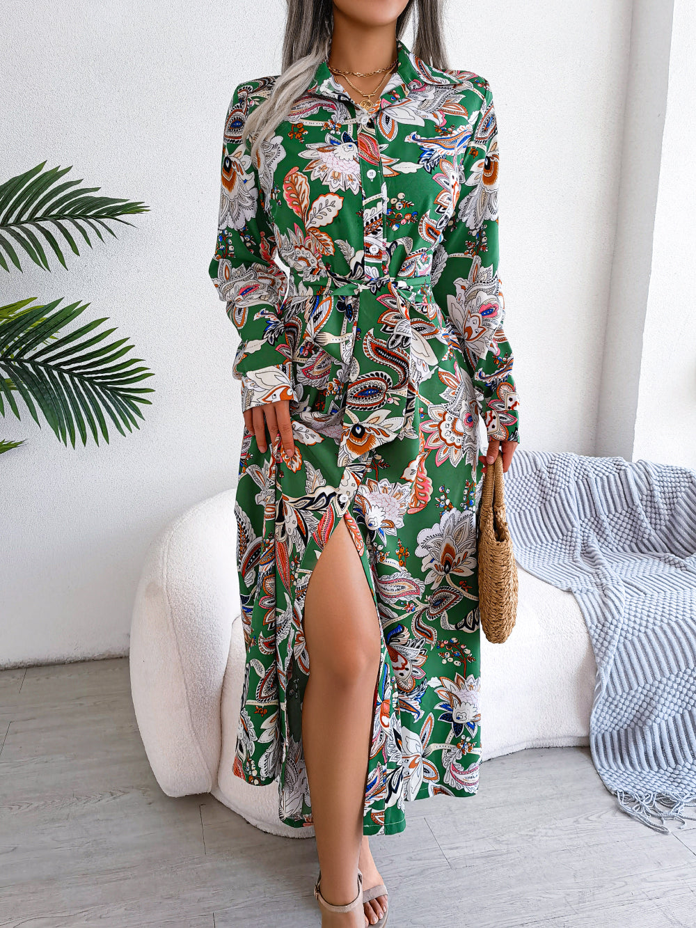 Nima - Floral Print Maxi-Shirt Dress Long Sleeves