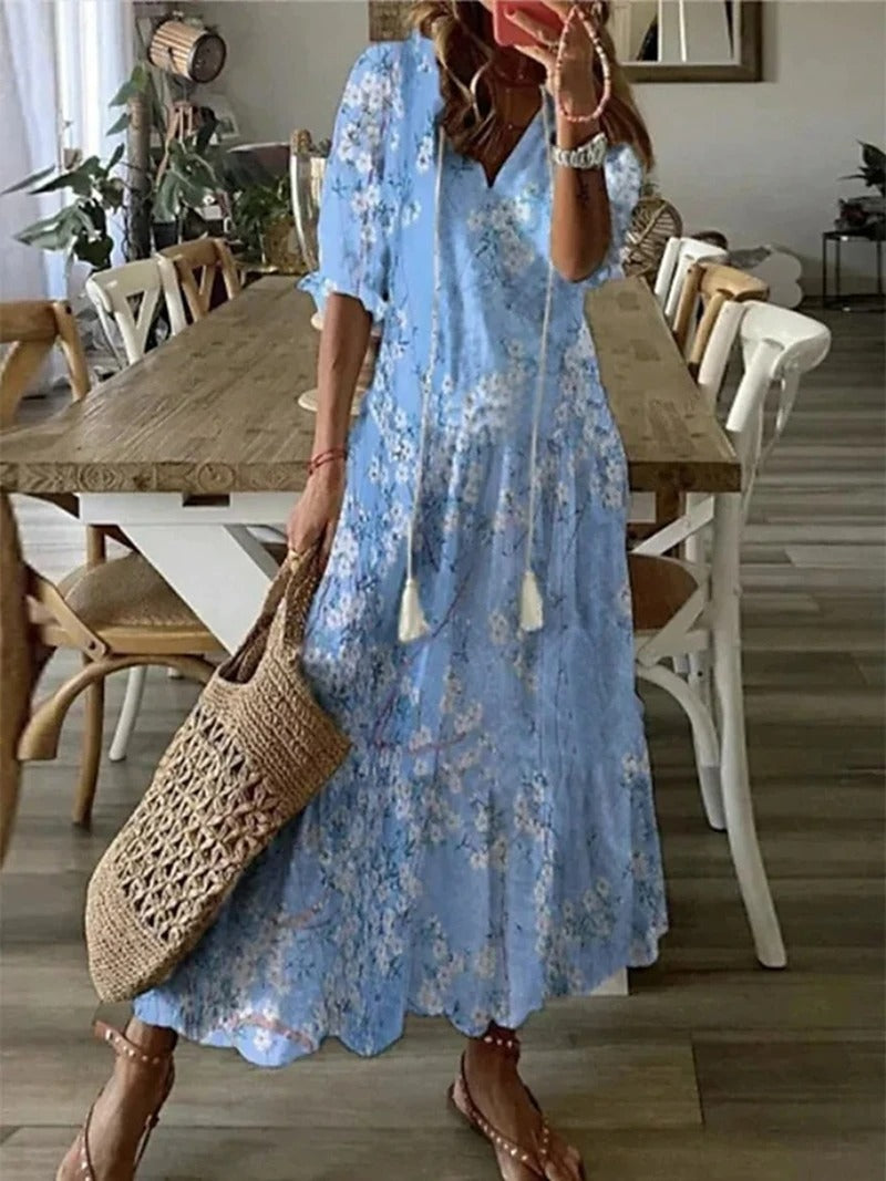 Women's Maxi Dress - Paisley Print - V-Neck - Elbow Sleeve - Flowing Lightweight Fit