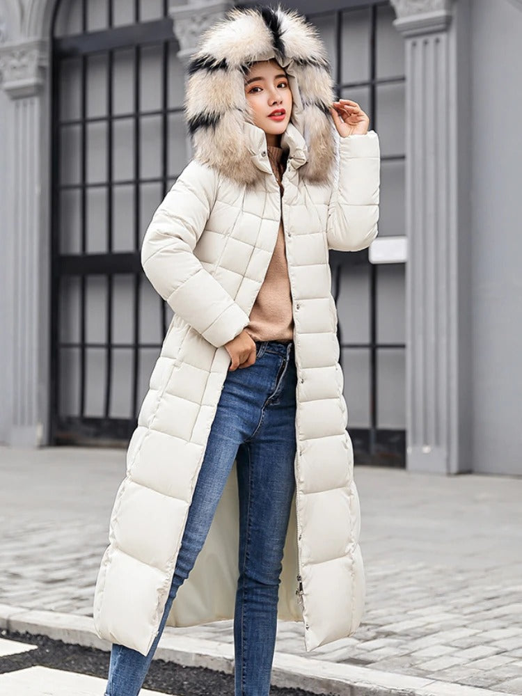 Women's knee-length detachable fur hood down jacket