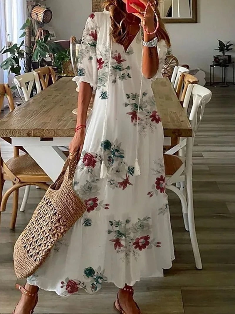 Women's Maxi Dress - Paisley Print - V-Neck - Elbow Sleeve - Flowing Lightweight Fit