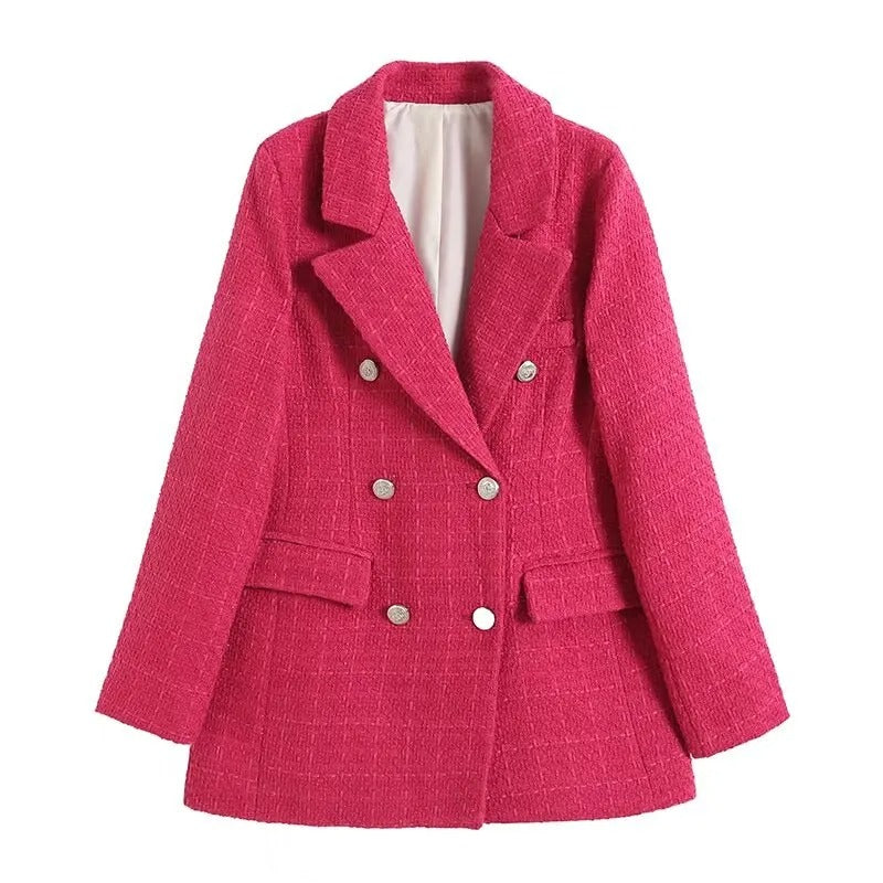 Women's casual plaid double-breasted slim fit blazer