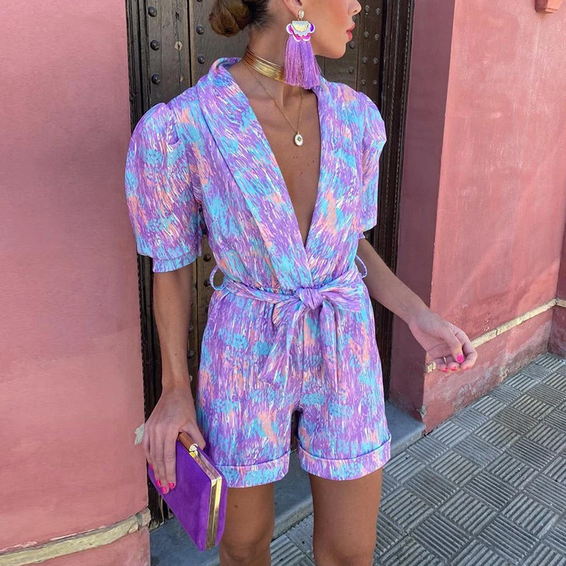 Women's Romper - Short Puff Sleeve - Deep V-Neck - Tie Waist - Casual Chic