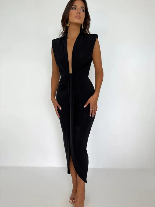 Form-Fitting Sleeveless V-Neck Midi Dress
