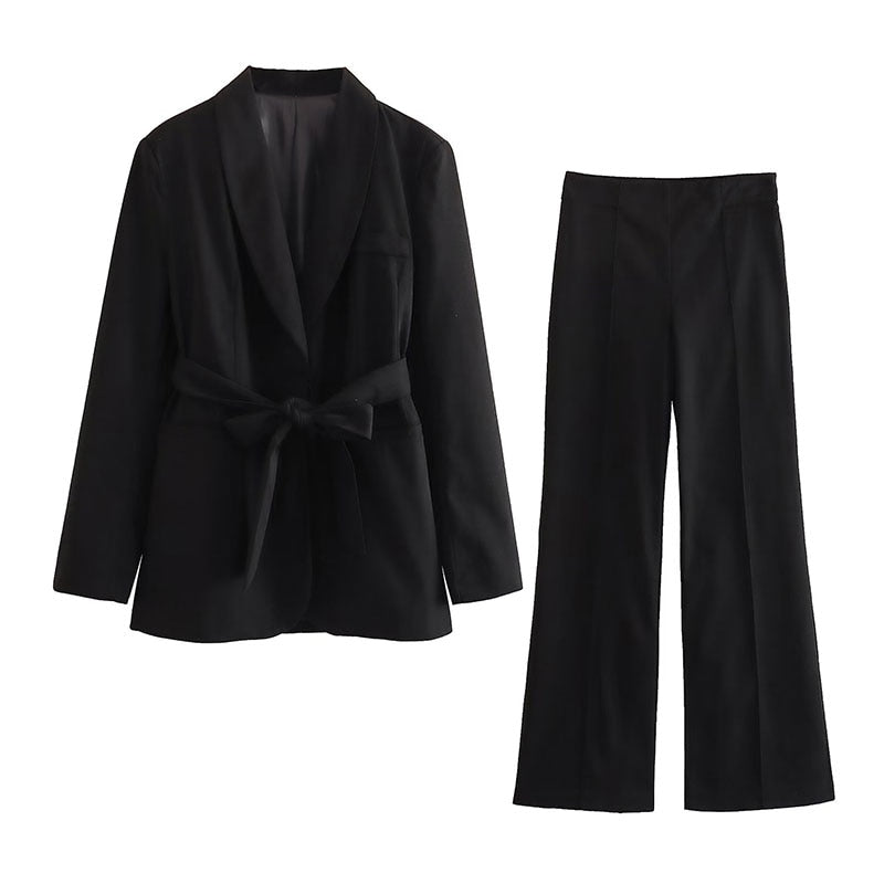 Women’s Tailored Suit Set – Belted Blazer – Wide-Leg Trousers – Flattering Fit