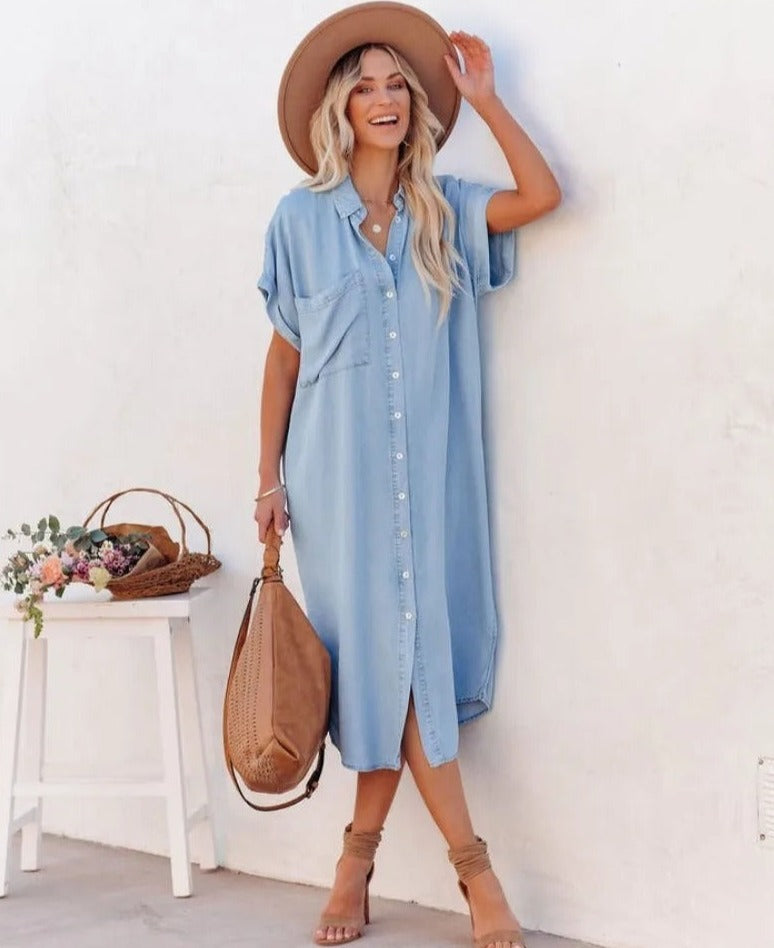 Short-Sleeve Denim Shirt Dress