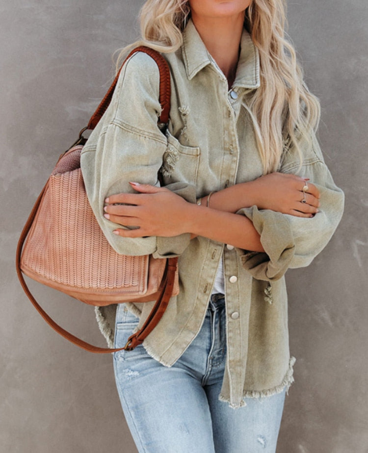 Women's Oversized Denim Jacket - Distressed Casual Fit - Button-Front with Pockets