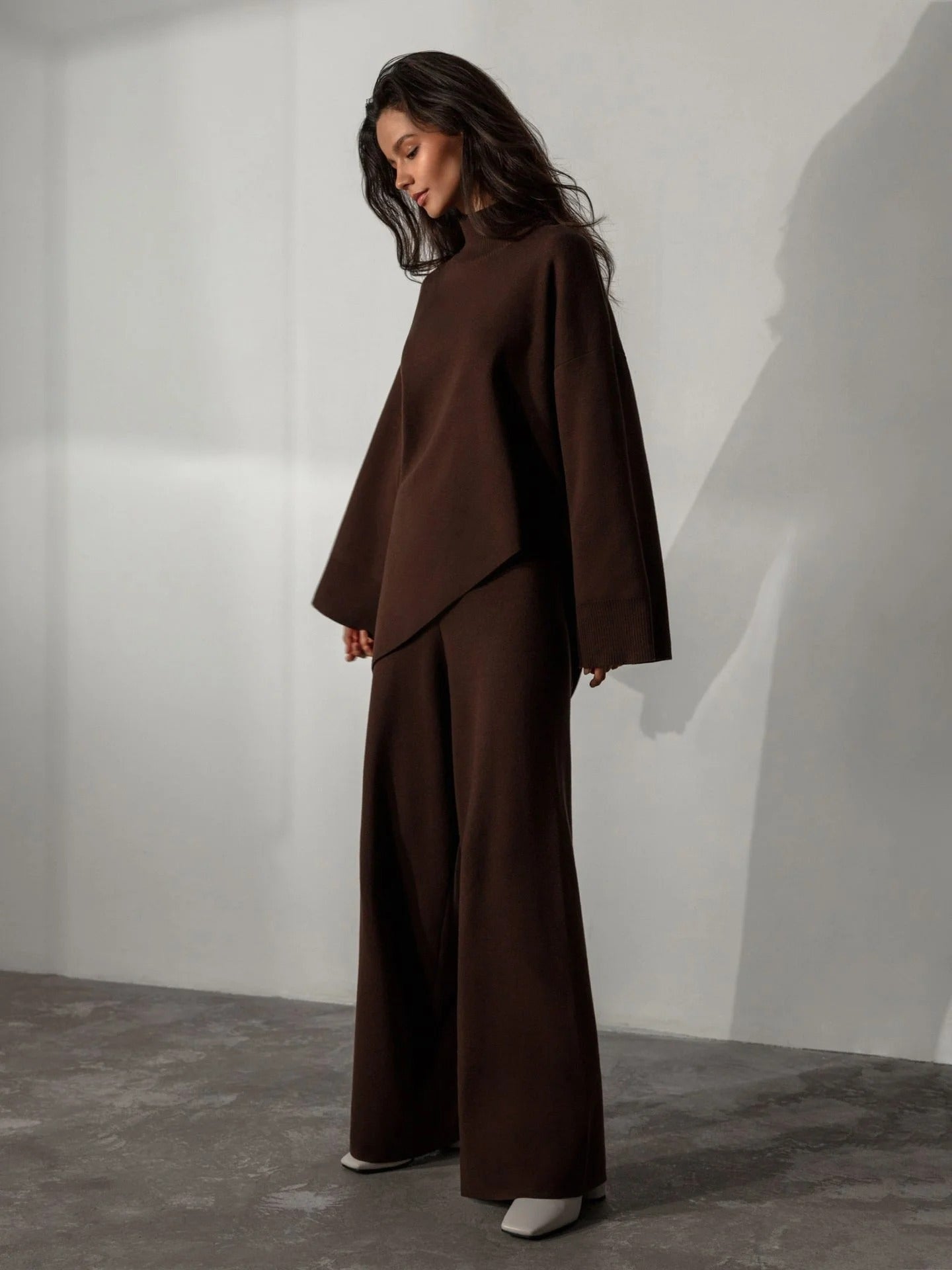 Women's irregular sweater and high waist wide leg knit pants set