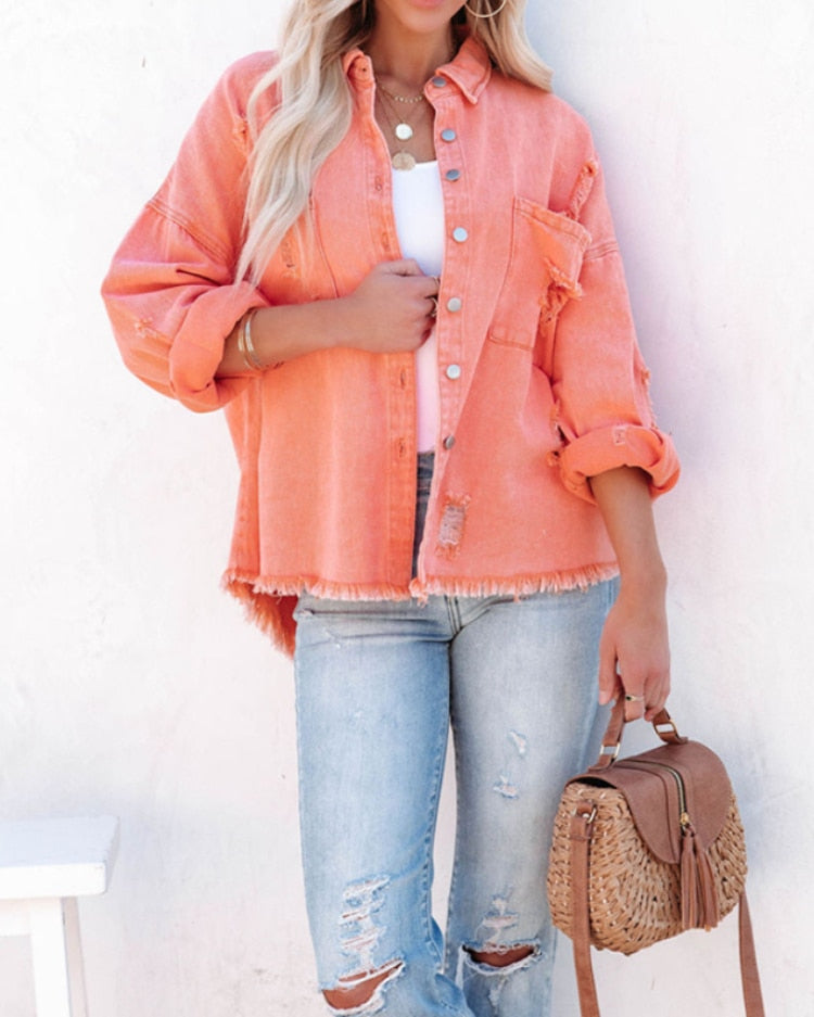 Women's Oversized Denim Jacket - Distressed Casual Fit - Button-Front with Pockets
