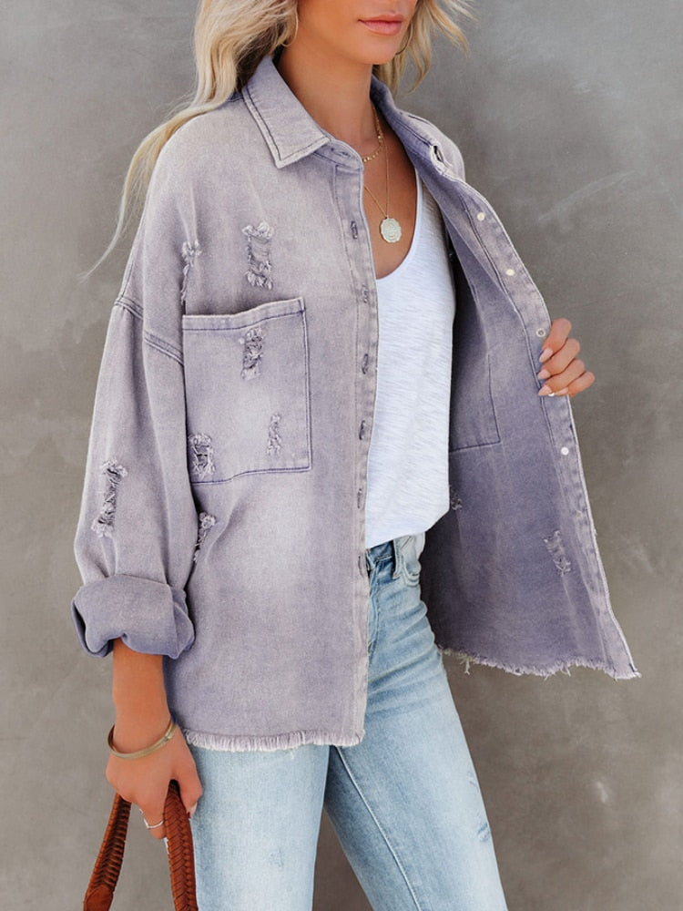 Women's Oversized Denim Jacket - Distressed Casual Fit - Button-Front with Pockets