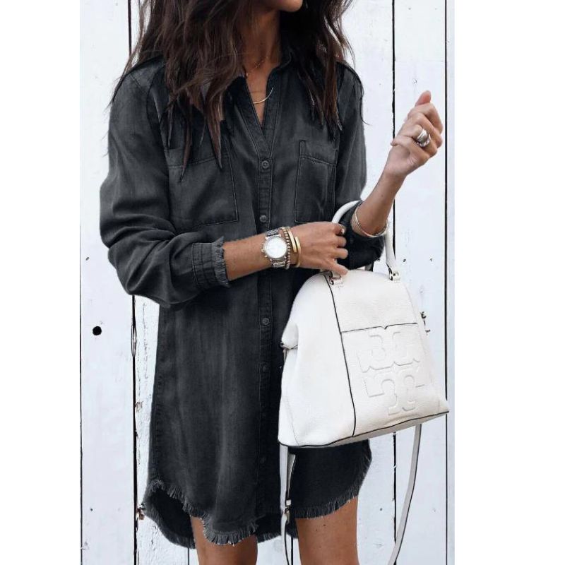 Women's Denim Shirt Dress - Button-Up Collared - Long Sleeve Relaxed Fit - Frayed Hem