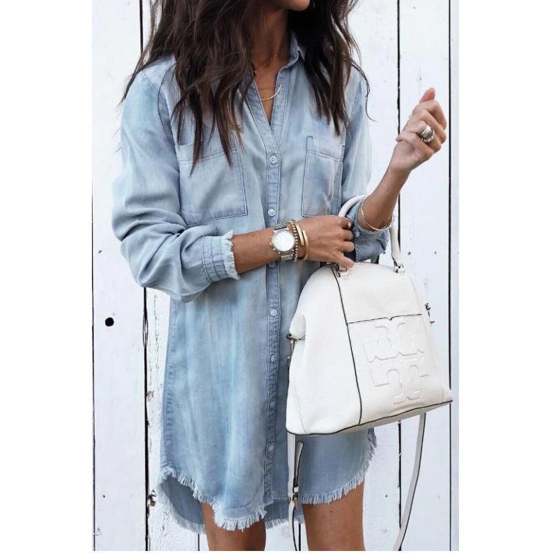 Women's Denim Shirt Dress - Button-Up Collared - Long Sleeve Relaxed Fit - Frayed Hem