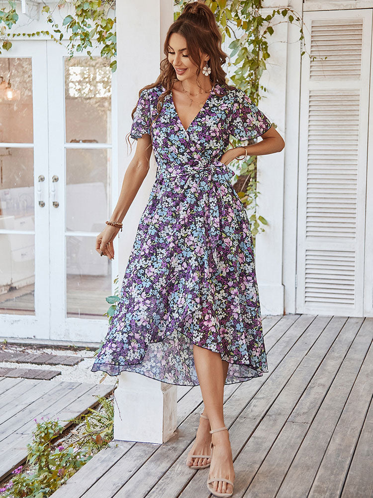Floral Print Flowing Wrap Maxi Dress