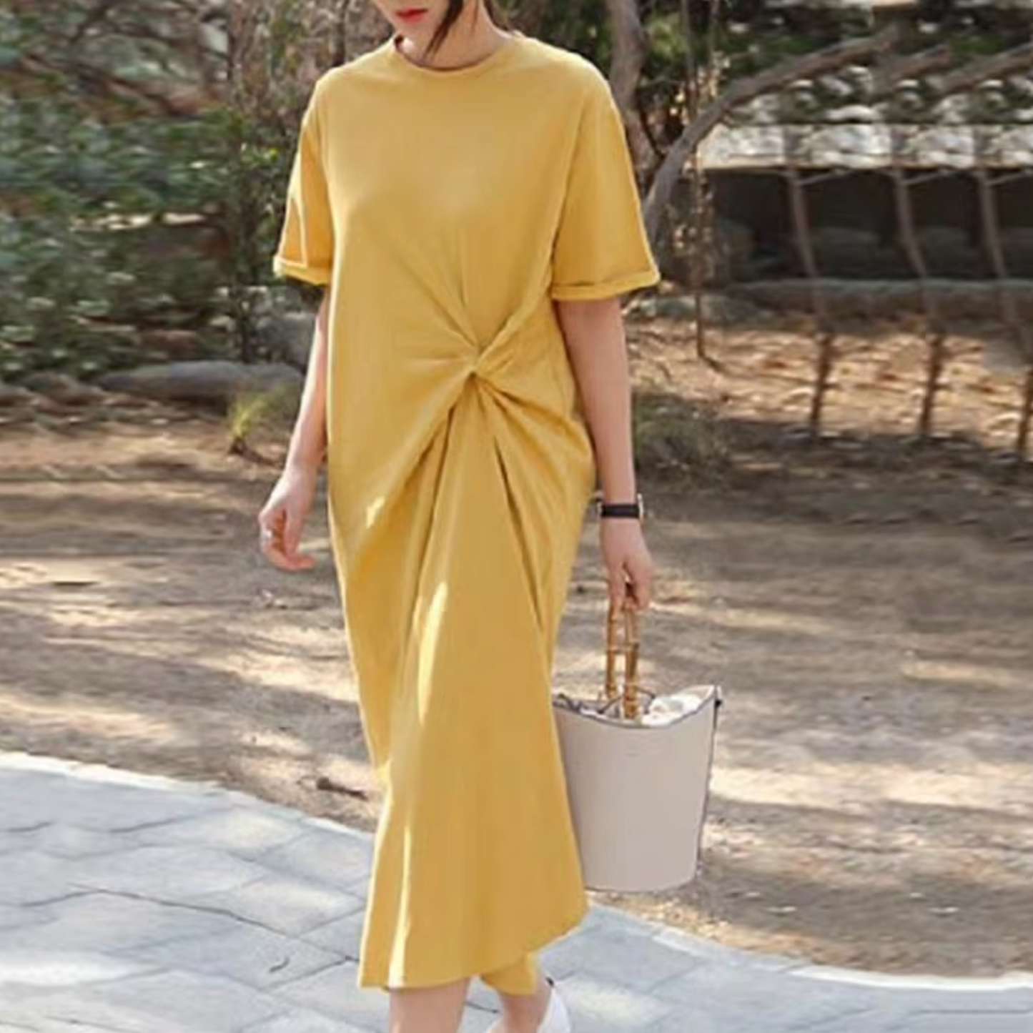 Women's Maxi Dress - Short Sleeve - Round Neck - Side Knot Detail - Flowing Fit