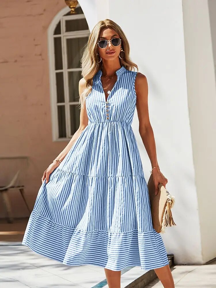 Women’s Sleeveless Vintage Boho Striped Summer Dress