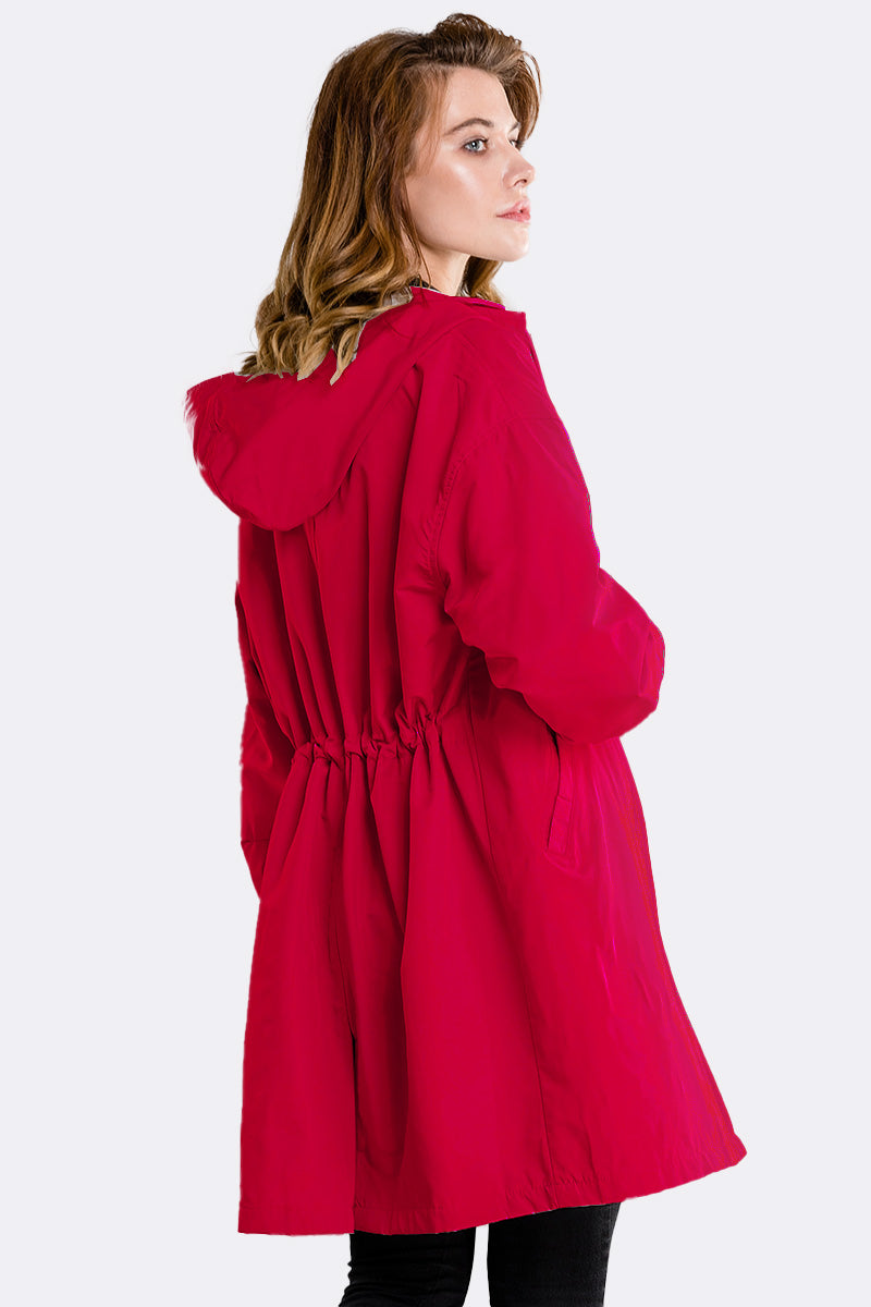 Women's casual mid-length hooded windbreaker jacket