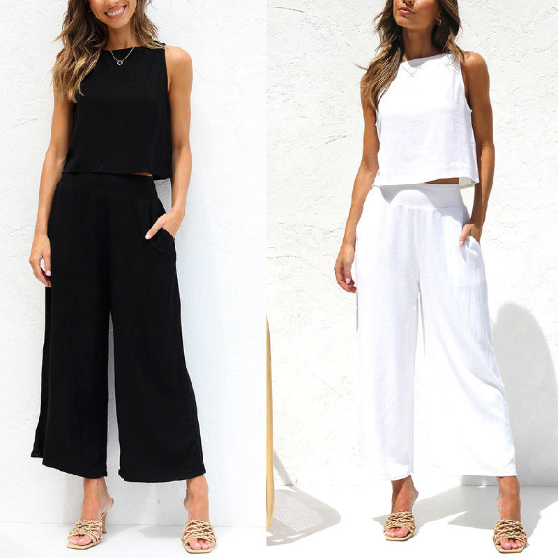 Fatima - buttoned back round neck tank and wide leg pants set