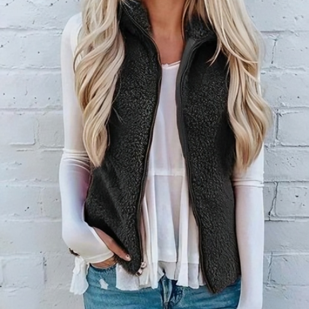 Women’s Fleece Vest – Sherpa Lined – Relaxed Fit – Zip Front – Sleeveless Layering