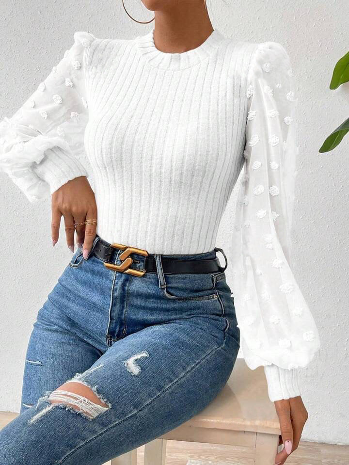 Women's Ribbed Knit Top - Sheer Long Sleeves - Elegant Textured Detailing