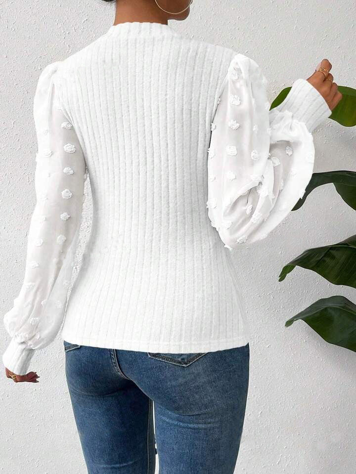 Women's Ribbed Knit Top - Sheer Long Sleeves - Elegant Textured Detailing