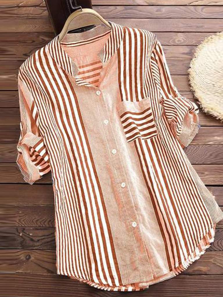 Women’s Blouse – Relaxed Fit – Breathable Blend – Striped – Button Front – Long Sleeve