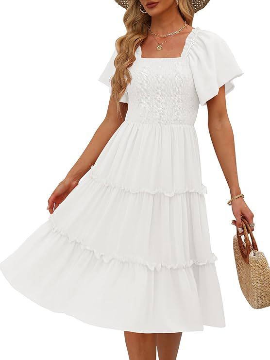 Women's Midi Dress - Square Neck - Smocked Bodice - Tiered Flowy Short Sleeve