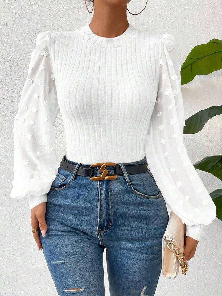 Women's Ribbed Knit Top - Sheer Long Sleeves - Elegant Textured Detailing
