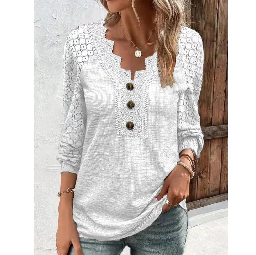 Women's Blouse - Long Sleeve V-Neck - Crochet Lace Detail - Button Down Elegant