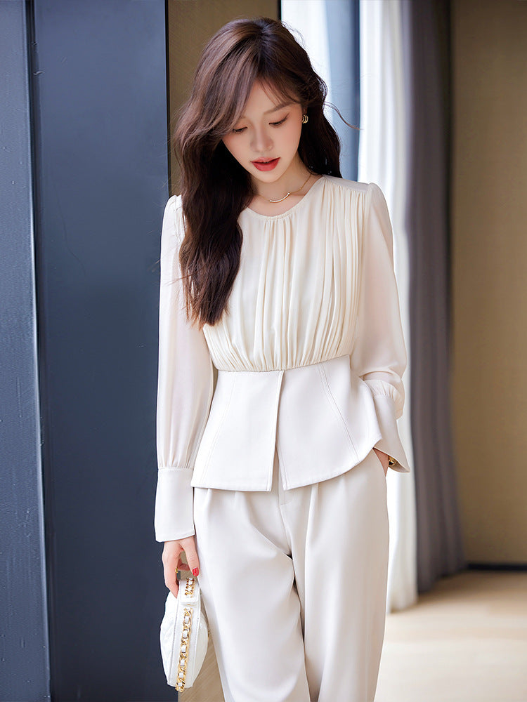 Women's slim fit long sleeve top and wide leg pants set