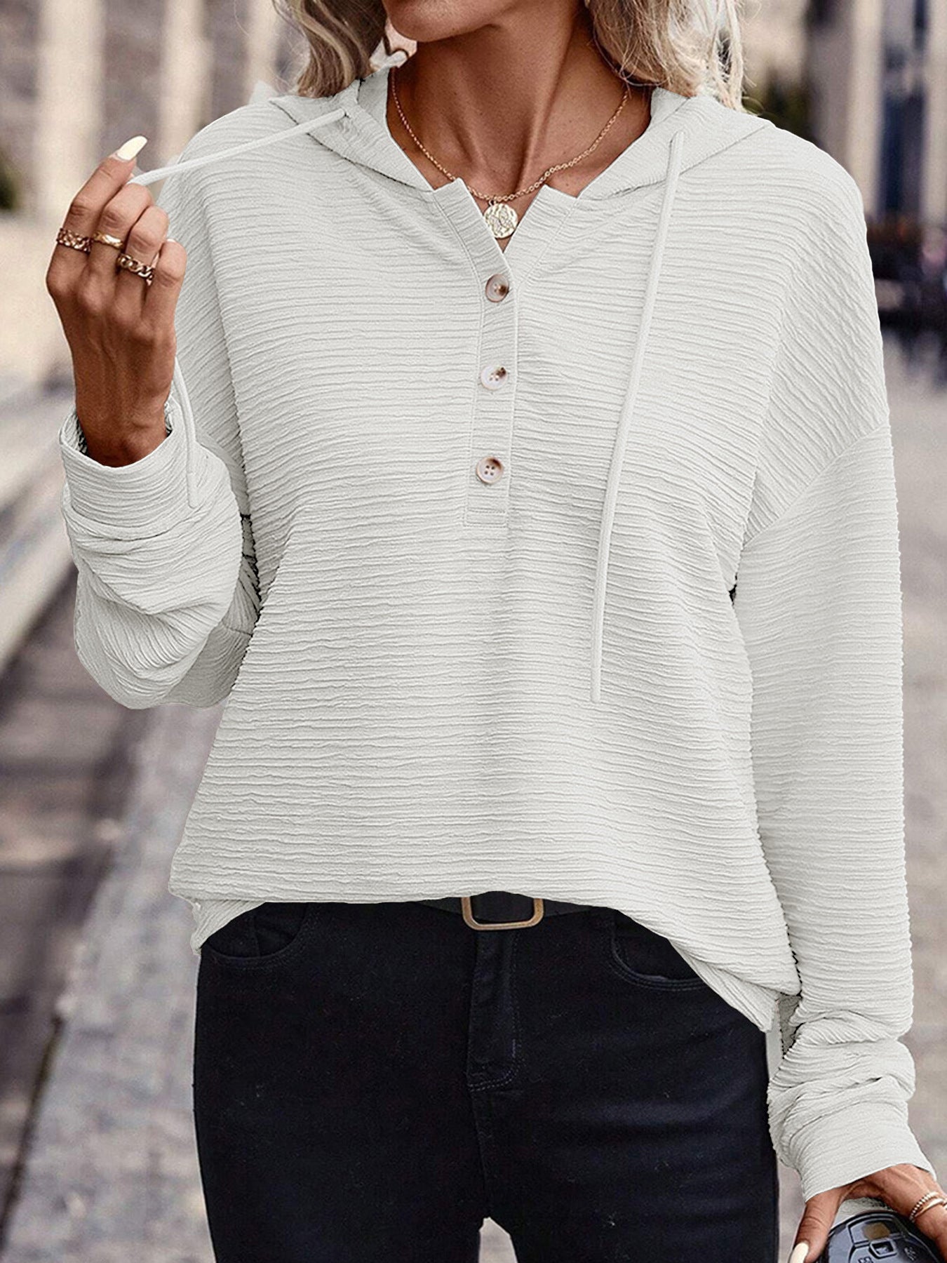 Women's Hoodie – Textured Long Sleeve Top – Button Front – Drawstring Hood – Casual Relaxed Fit