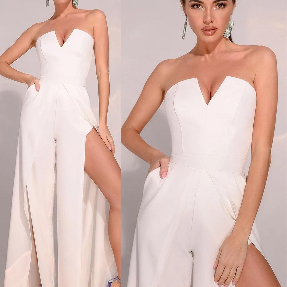 Women's Strapless Jumpsuit - Elegant Plunge Neckline - Wide-Leg Design