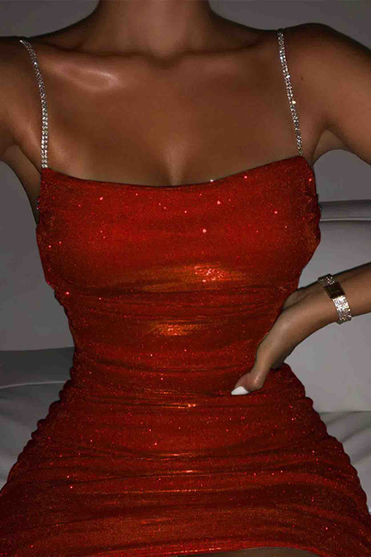 Women's Bodycon Mini Dress - Ruched Shimmer Fabric - Sleeveless Spaghetti Straps