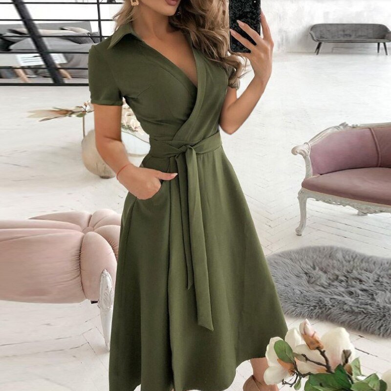 Women's Off-Shoulder Midi Dress - A-Line Silhouette - Waist Tie - Half Sleeve