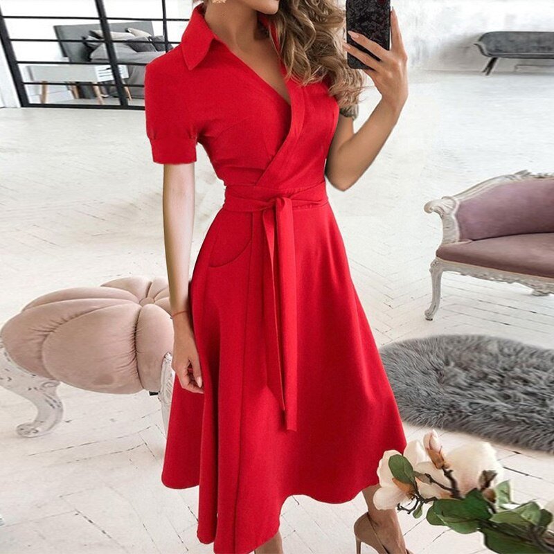 Women's Off-Shoulder Midi Dress - A-Line Silhouette - Waist Tie - Half Sleeve