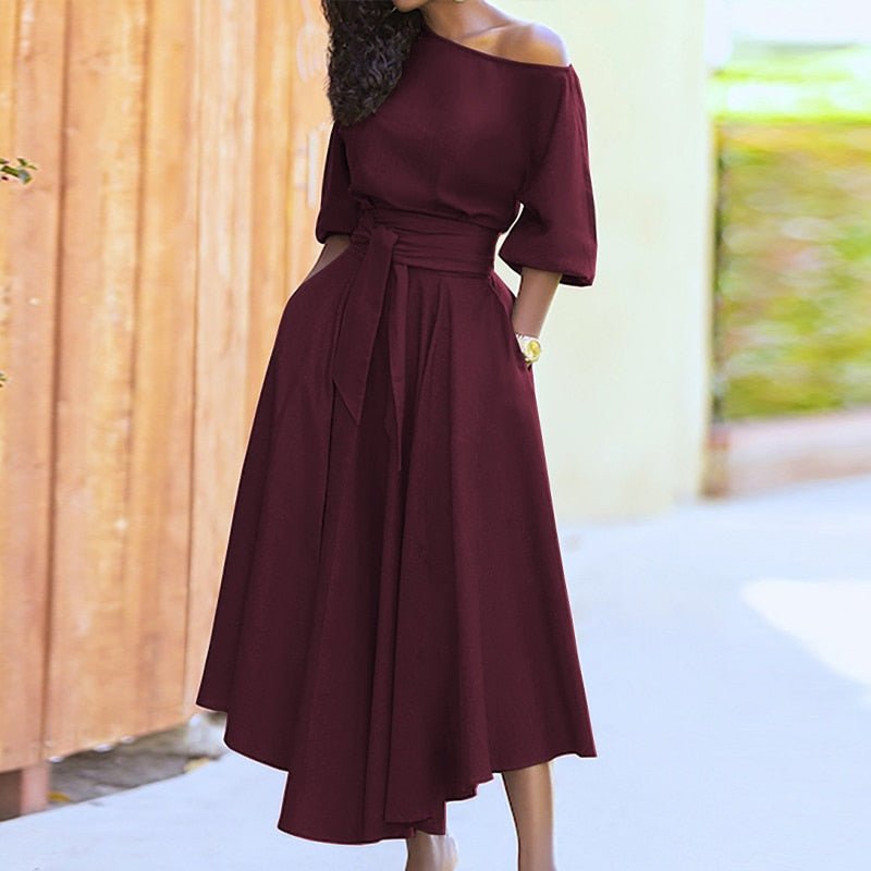 Women's Off-Shoulder Midi Dress - A-Line Silhouette - Waist Tie - Half Sleeve