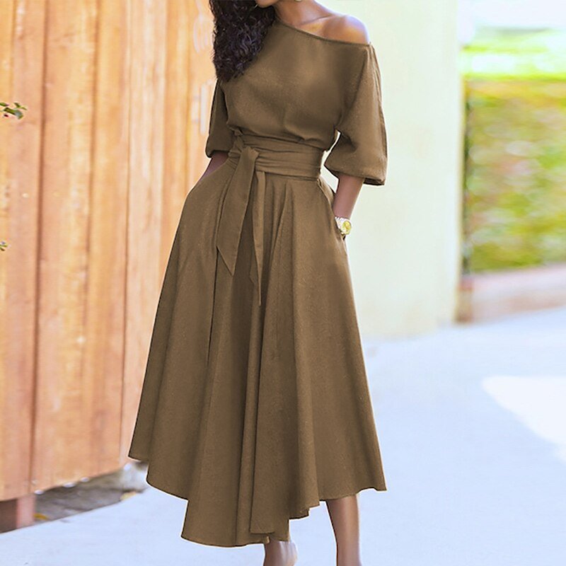 Women's Off-Shoulder Midi Dress - A-Line Silhouette - Waist Tie - Half Sleeve