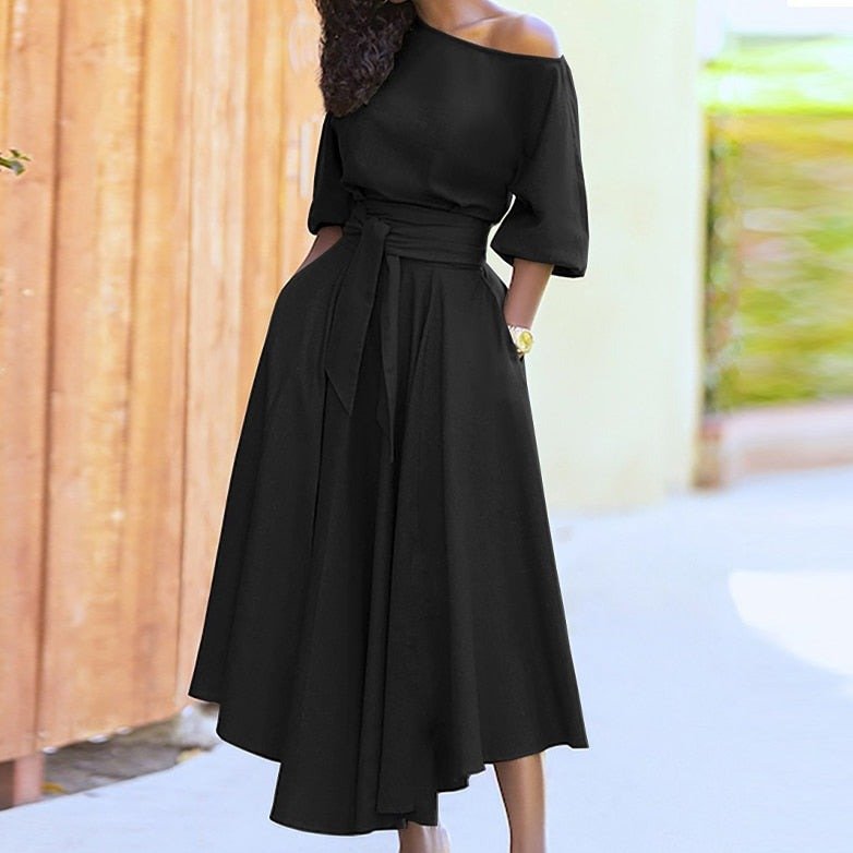 Women's Off-Shoulder Midi Dress - A-Line Silhouette - Waist Tie - Half Sleeve